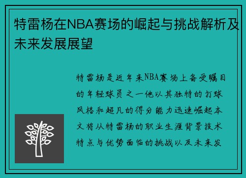 特雷杨在NBA赛场的崛起与挑战解析及未来发展展望