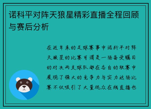 诺科平对阵天狼星精彩直播全程回顾与赛后分析
